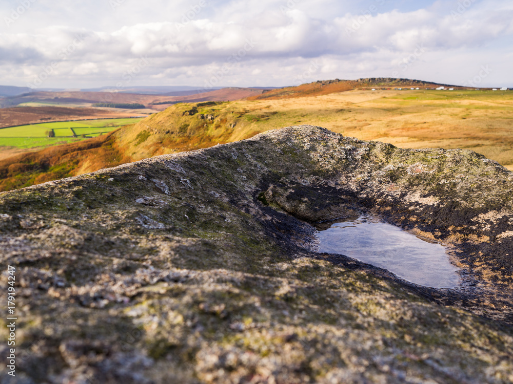 Higger Tor in Peak District with Rock and Water in Foreground