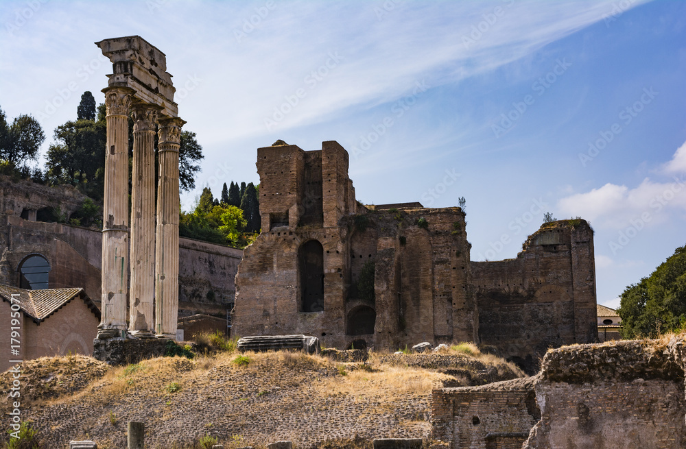 Temple of the Dioscuri - Temple of Castor and Pollux - in the Roman Forum, Rome, Italy.