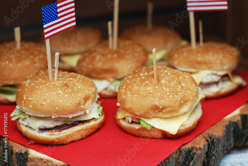 American flag and burgers for holiday - 4th of July. homemade burgers. photo