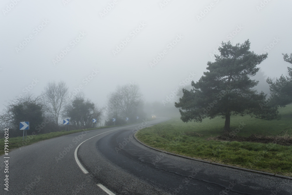 Naklejka premium Foggy asphalt curved road passing through the forest. Weather with low visibility in the region of Normandy, France. Country landscape on misty day. Toned