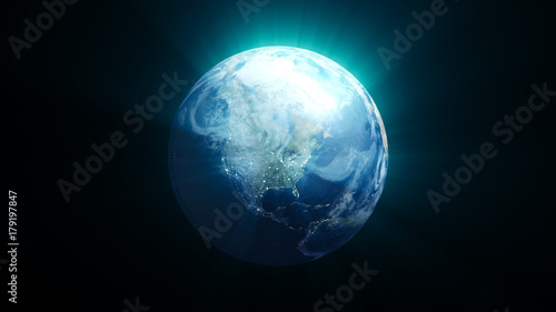 Planet earth with shine effect on black background. 3d rendering