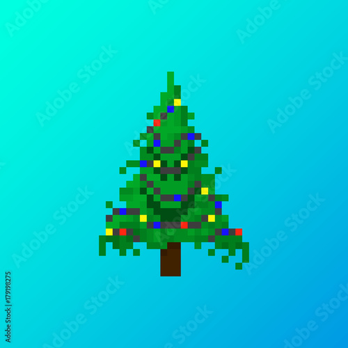 Pixel angry Christmas tree with garland for games and applications