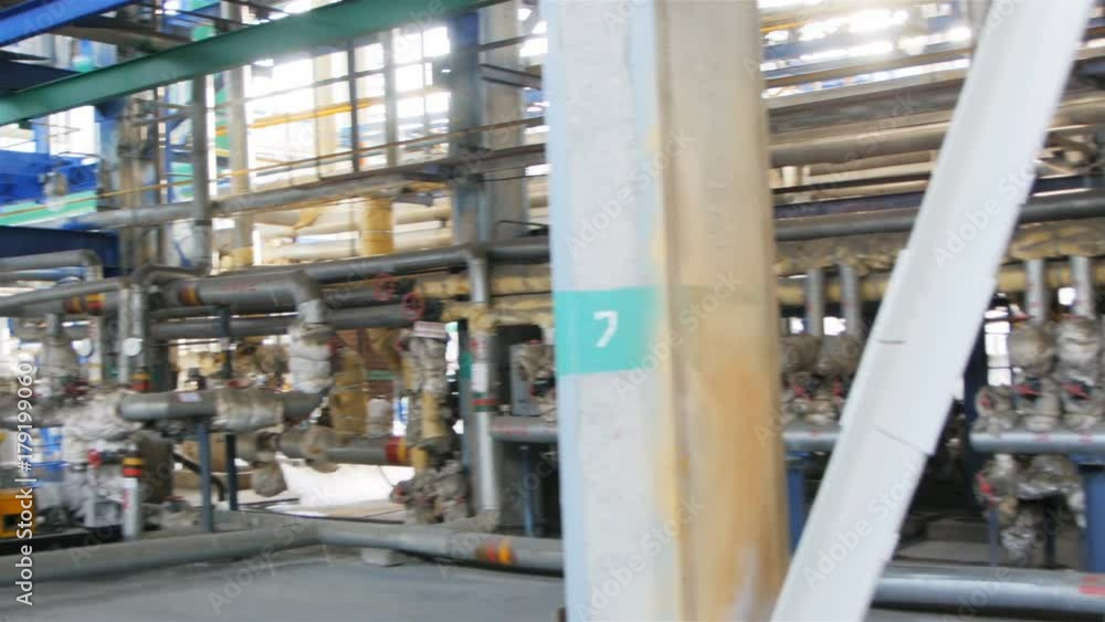 Camera Shows Large Modern Workshop with Metal Pipelines Camera Shows Large Modern Workshop with Metal Pipelines