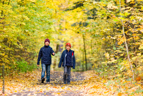 Polish colorful, golden autumn, boys playing with fallen leaves in a park. Antonin. Greater Poland. photo