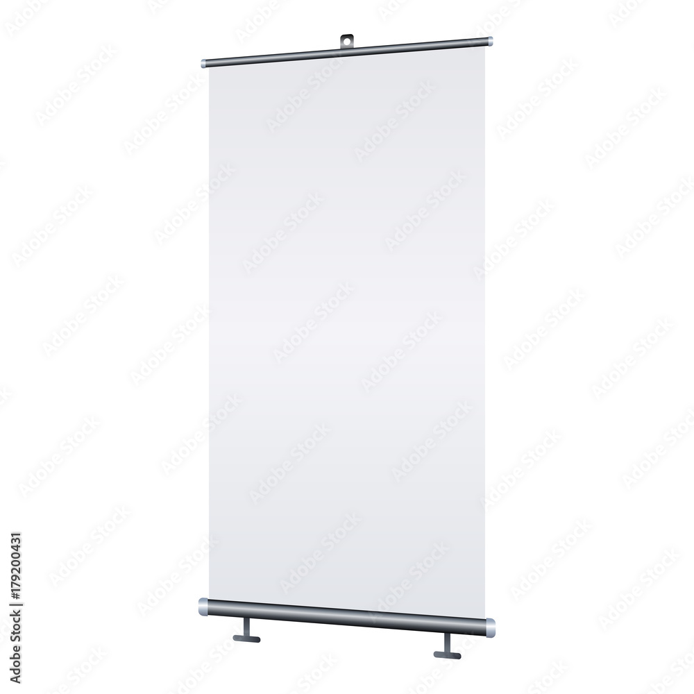 Blank roll-up banner isolated on white background. Design template blank for designers. Flipchart for training or promotional presentation. Vertical. Vector illustration EPS 10 Blank roll-up banner isolated on white background. Design template blank for designers. Flipchart for training or promotional presentation. Vertical. Vector illustration EPS 10