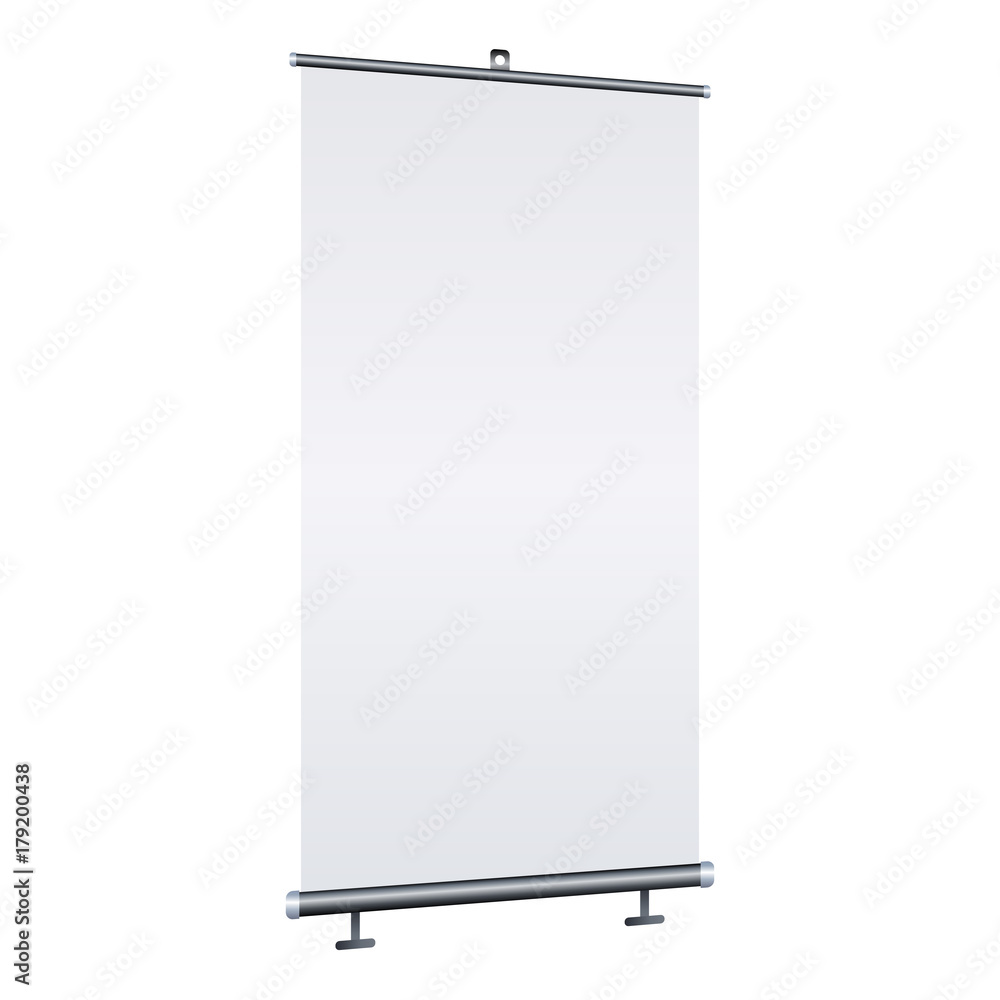 Blank roll-up banner isolated on white background. Design template blank for designers. Flipchart for training or promotional presentation. Vertical. Vector illustration EPS 10 Blank roll-up banner isolated on white background. Design template blank for designers. Flipchart for training or promotional presentation. Vertical. Vector illustration EPS 10