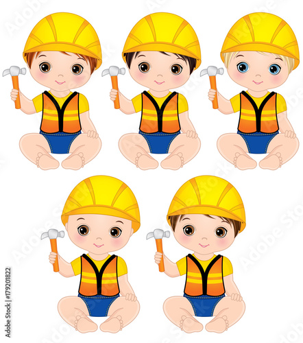 Vector Cute Baby Boys Dressed as Little Builders with Hammers