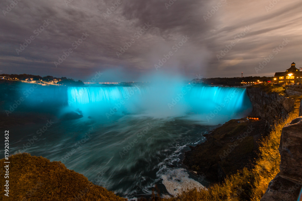 Niagara Falls Horseshoe Waterfall Illuminated Blue at Dusk