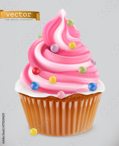 Cupcake, fairy cake. 3d realistic vector icon