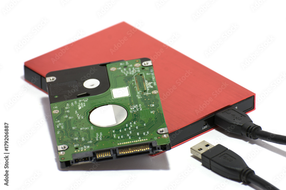 Laptop Hard disk 2.5 inch. red external hard disk box and usb cable on white background. Laptop Hard disk 2.5 inch. red external hard disk box and usb cable on white background.