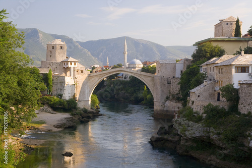 Eastern Europe, Balkans, Bosnia and Herzegovina, Herzegovina, Mostar, The famous 'Old Bridge' of Mostar built in 1566 was destroyed in 1993, the 'New Old Bridge' as it is known was completed in 2004 photo
