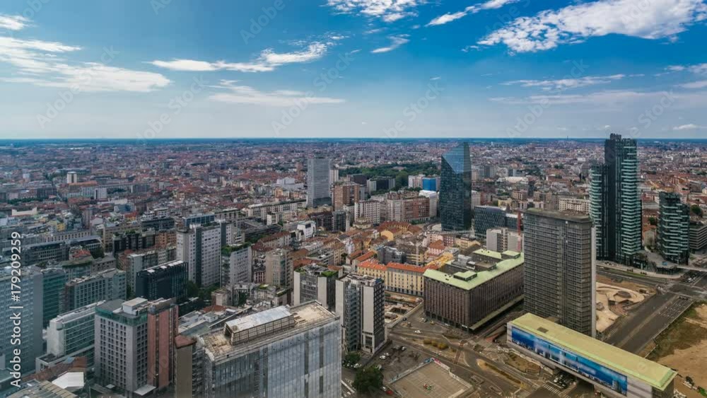 Milan aerial view of modern towers and skyscrapers and the Garibaldi railway station in the business district timelapse Milan aerial view of modern towers and skyscrapers and the Garibaldi railway station in the business district timelapse