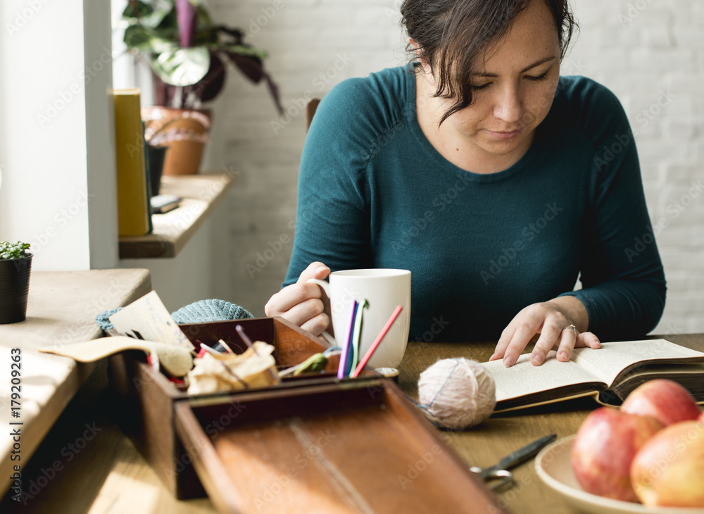 Woman Reading Relax Drinking Eating Breakfast Woman Reading Relax Drinking Eating Breakfast