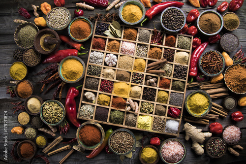 Assorted Spices in a wooden box