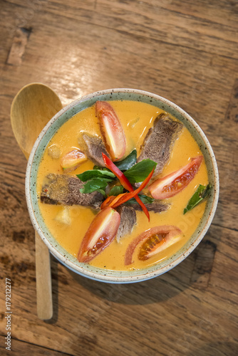 Thai style roasted duck in red curry soup.