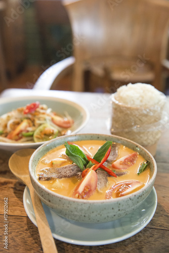 Thai style roasted duck in red curry soup.