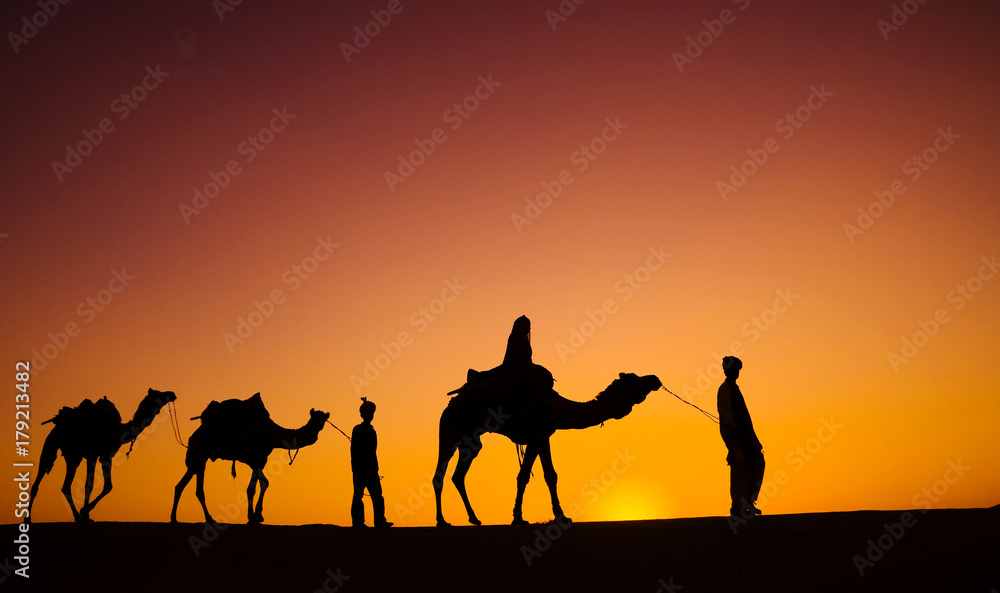 Indigenous Indian men walking through the desert with their camels. Indigenous Indian men walking through the desert with their camels.