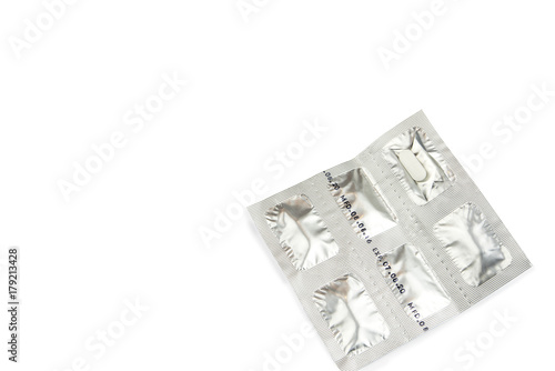 Medicine pill package on white background.