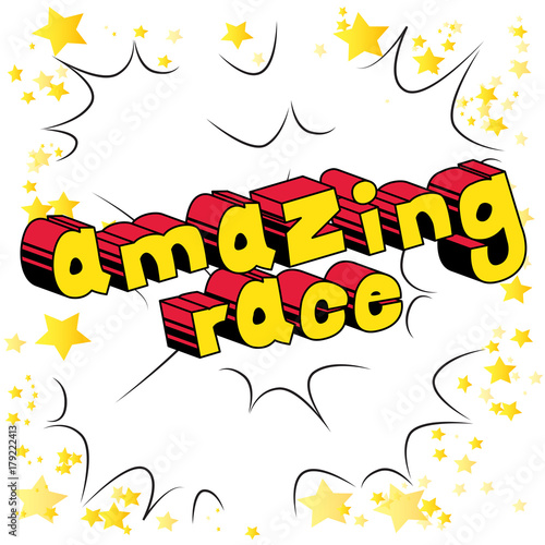 Amazing Race - Comic book style word on abstract background.