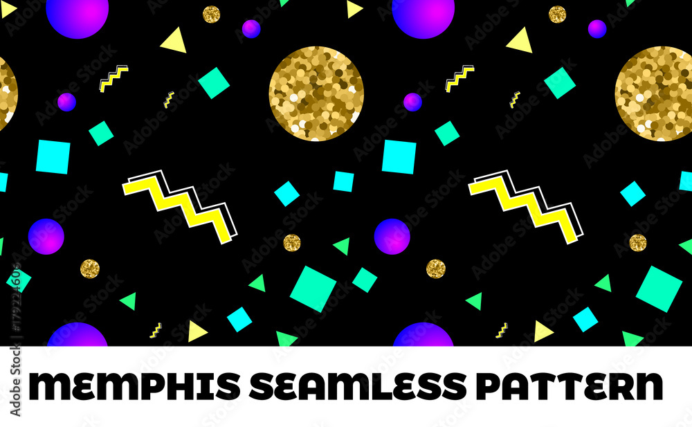 Obraz premium Memphis style seamless pattern with golden glitter circles and shapes