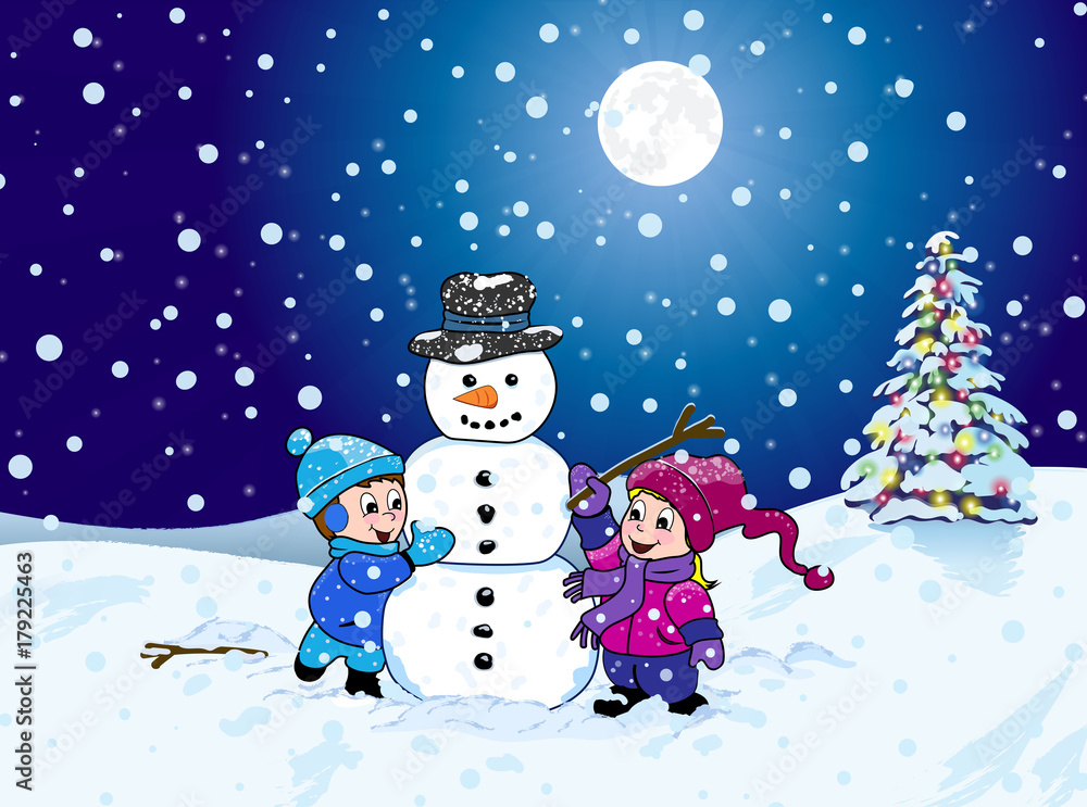Naklejka premium A young boy and girl making a snowman on a cold winter night with a dark blue sky, a shinning moon and a Christmas tree with colorful lights.