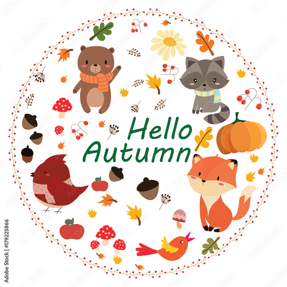 hello autumn card.cute animal set
