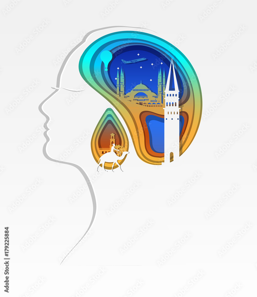 Paper art carve of woman head and landmark of Turkey, paper art concept  travel , vector art and illustration.