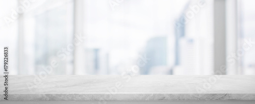 White Stone table top and blur glass window wall building banner background with vintage filter - can used for display or montage your products.