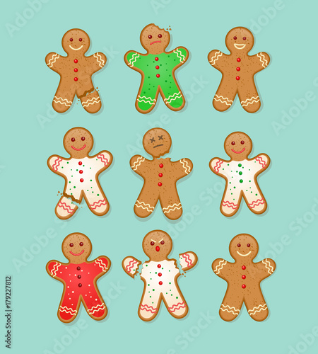 set of Christmas gingerbread man cookies with different injuries and expressions. 