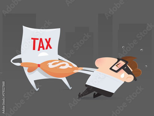The cartoon businessman is pulling his money return from tax organization, Tax return, Vector illustration