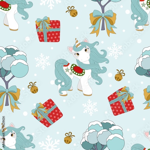 Seamless pattern with Christmas pony and festive elements. Vector illustration.