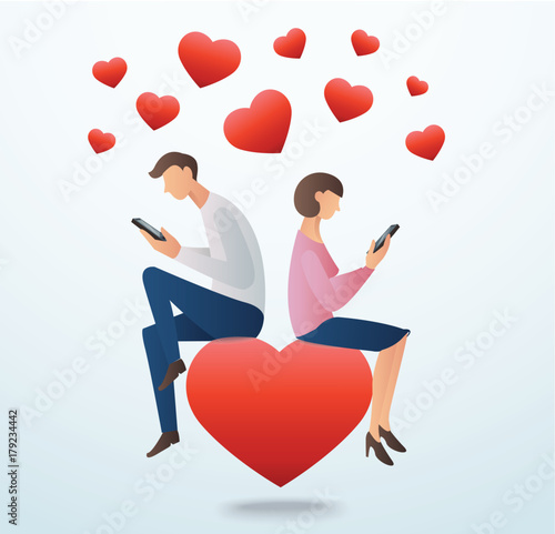 man and woman using smartphone and sitting on the red heart with many hearts, concept of love online 