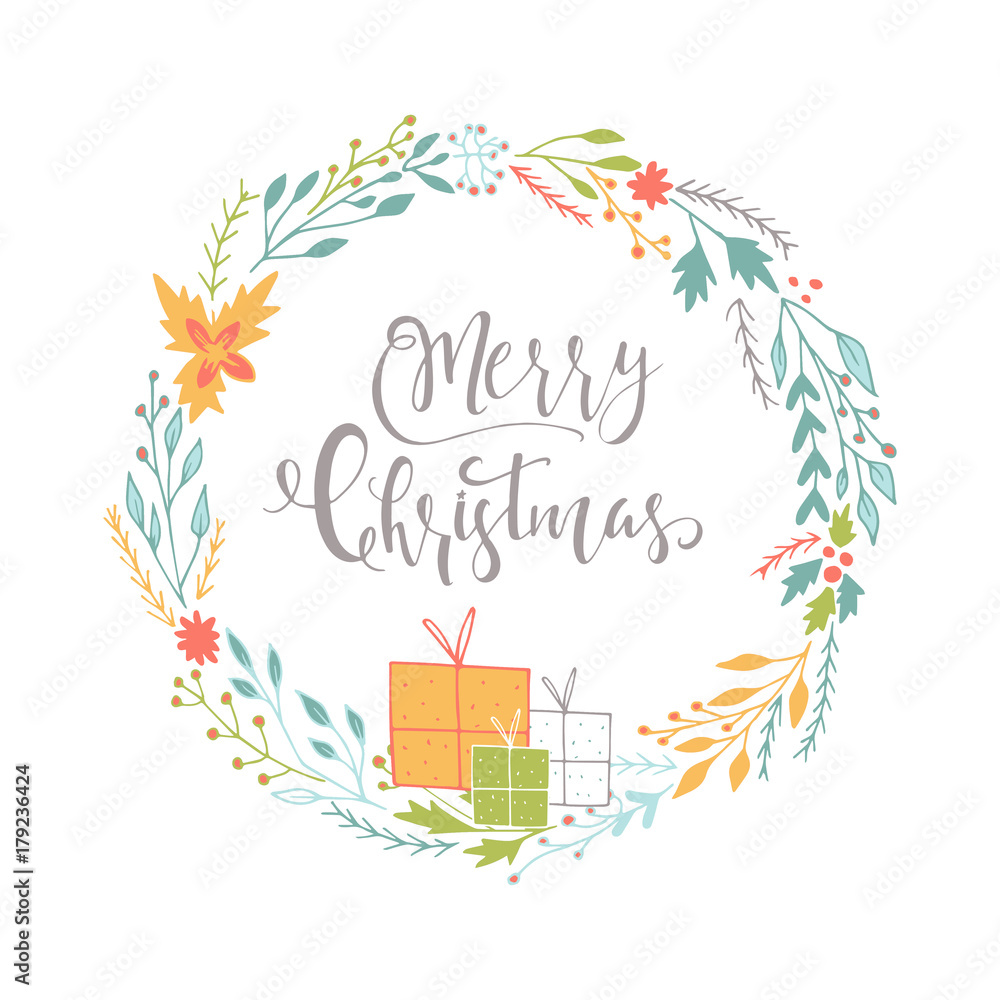 Obraz premium Cute gift cards with wreath, presents and hand drawn Christmas lettering.
