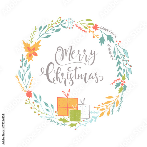 Cute gift cards with wreath, presents and hand drawn Christmas lettering.