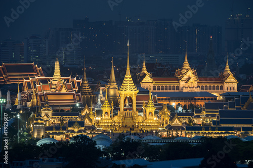Top view scene of royal crematorium. The royal pyre for royal funeral of H.M. King Bhumibol Adulyadej at twilight time in Bangkok, Thailand.