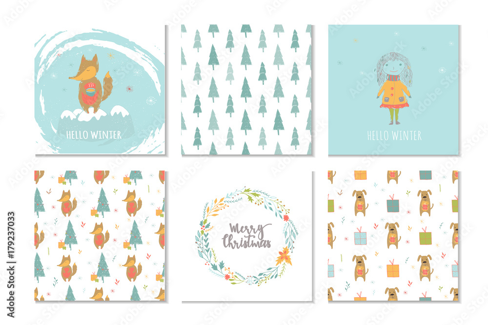 Obraz premium Set of 6 cute Christmas gift cards with lettering Merry Christmas and patterns.