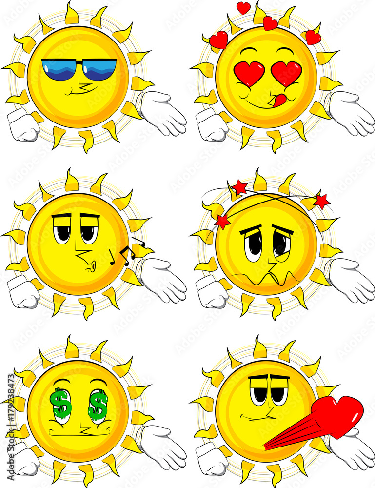Cartoon sun giving a hand. Collection with various facial expressions. Vector set. Cartoon sun giving a hand. Collection with various facial expressions. Vector set.