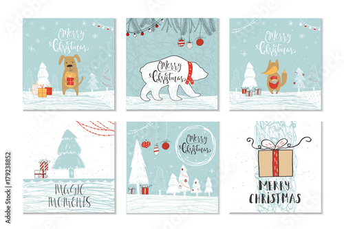 Set of 6 cute Christmas gift cards with quote Merry Christmas