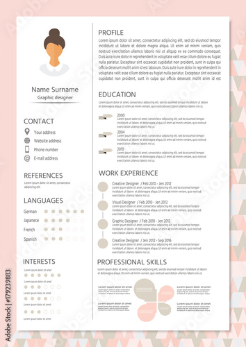 Feminine resume with infographic design. Stylish CV set for wome
