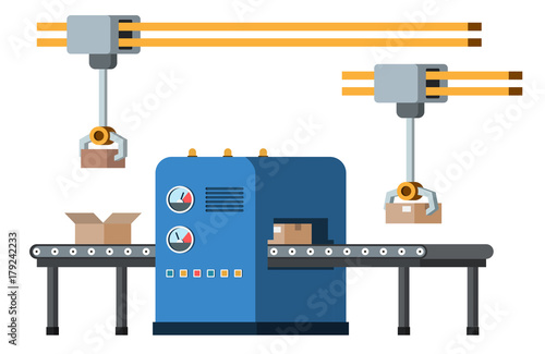 Automated assembly line. Automatic production conveyor. Robotic industry concept. Vector illustration