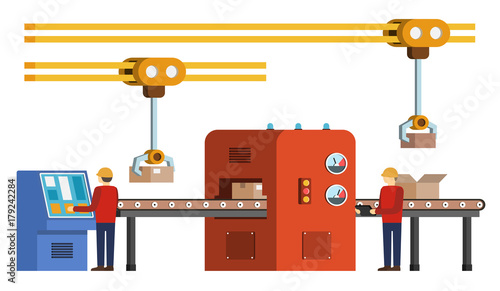 Automated assembly line. Automatic production conveyor. Robotic industry concept. Vector illustration