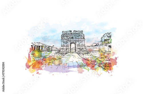 Watercolor sketch with splash of Achyutaraya temple hampi,  Karnataka, India in vector illustration.