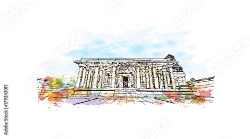 Watercolor sketch with splash of kadalekalu ganesha temple Hampi, Karnataka, India in vector illustration. photo