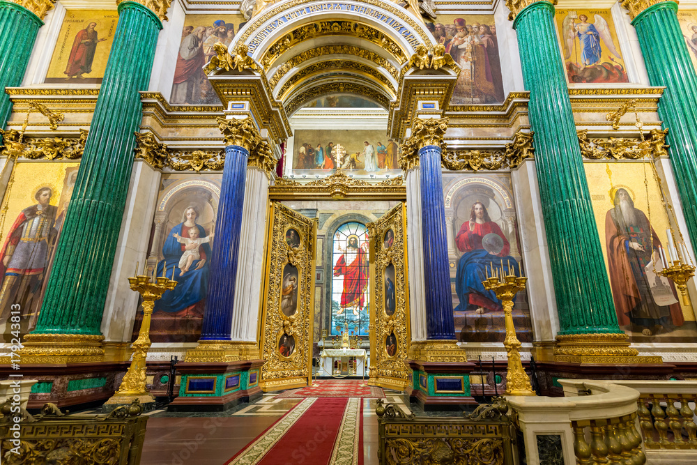 The main altar, the stained glass of the Resurrection of Christ. St. Isaac's Cathedral, interior. Saint Petersburg,