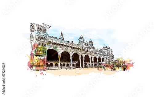 Watercolor sketch with splash of Mysore Palace, is a historical palace and a royal residence at Mysore in the southern Karnataka state of India in vector illustration.