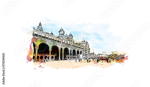 Watercolor sketch with splash of Mysore Palace, is a historical palace and a royal residence at Mysore in the southern Karnataka state of India in vector illustration. photo