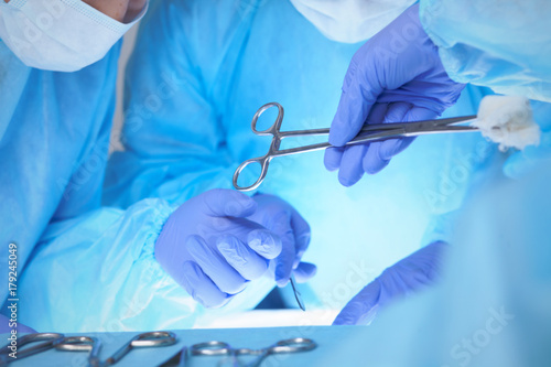 Close-up of medical team performing operation. Group of surgeons at work are busy of patient. Medicine, veterinary or healthcare and emergency in hospital