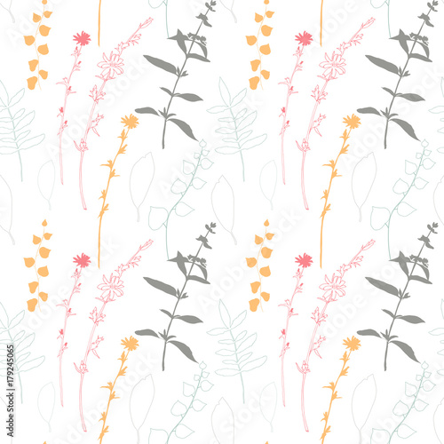 Floral vector seamless pattern with different hand drawn leaves, wild flowers...