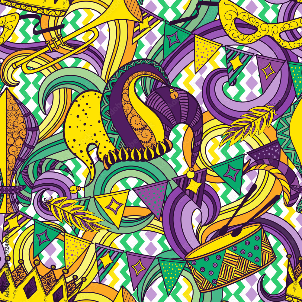 Mardi Gras seamless pattern. Colorful background with carnival mask and hats, jester hat, crowns, fleur de lis, feathers and ribbons. Vector illustration
