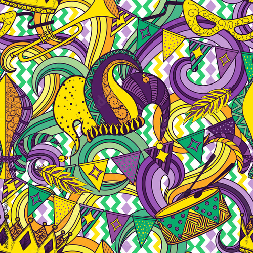 Mardi Gras seamless pattern. Colorful background with carnival mask and hats, jester hat, crowns, fleur de lis, feathers and ribbons. Vector illustration